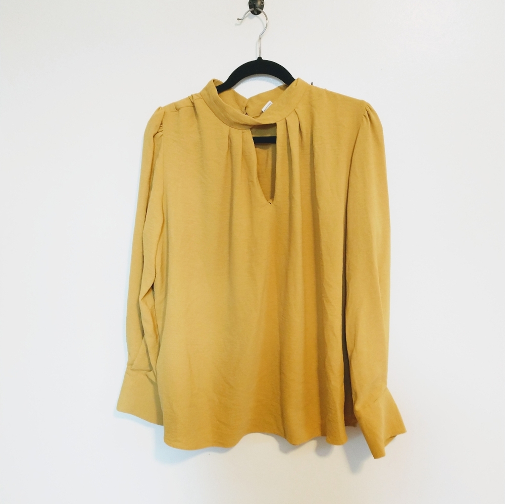 Ophelia Roe yellow mustard long sleeve top with buttons at the cuffs. High neckl